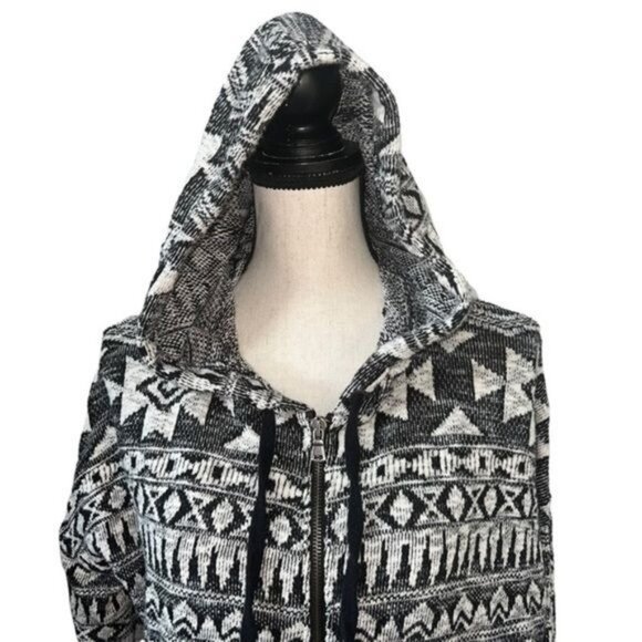 American Eagle Outfitters Hooded Zip-Up Sweater Black/White Drawstring Hem Sz M - Picture 4 of 11